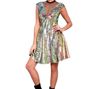 Free People Dance Til Dawn Sequin Skater Dress SZ Medium 'Mermaid Combo'